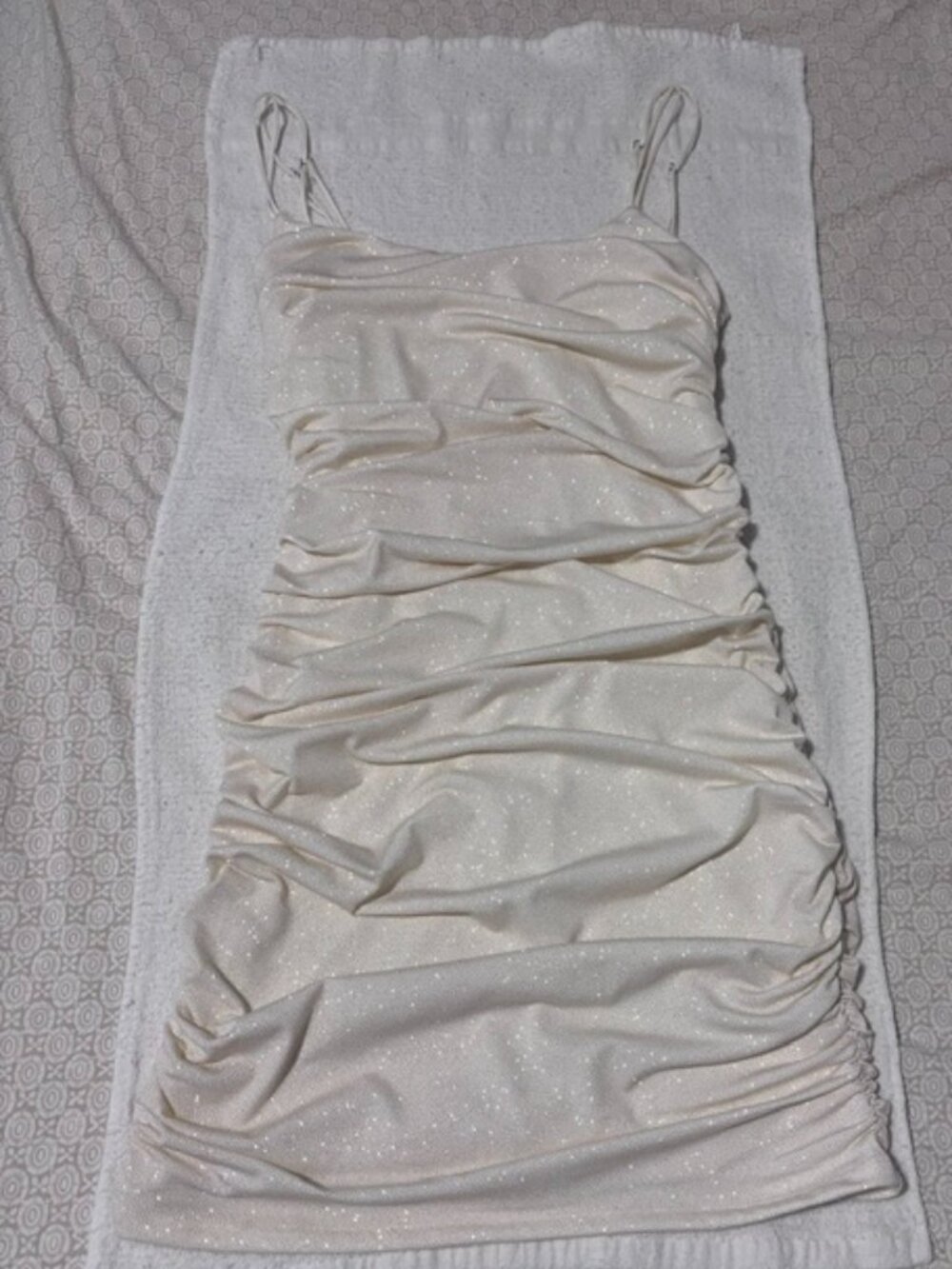 Off white, double spaghetti adjustable straps, sparkly fitted mini dress